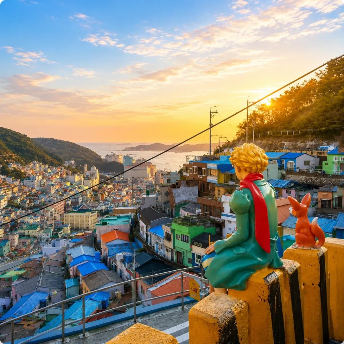 Little Prince statue overlooking Gamcheon Culture Village at sunset, Busan