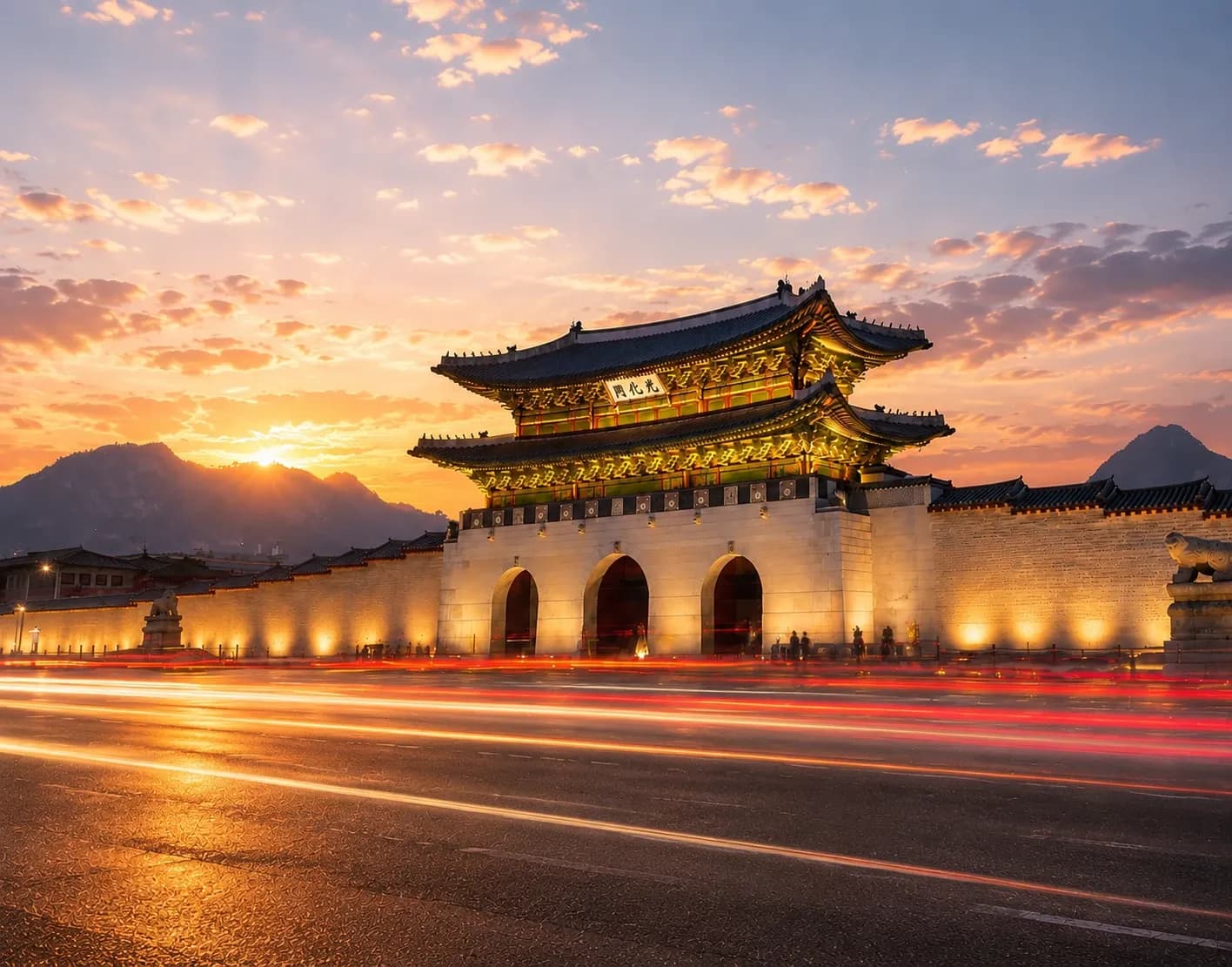 Gwanghwamun Gate at Gyeongbokgung Palace at sunset with light trails, Seoul