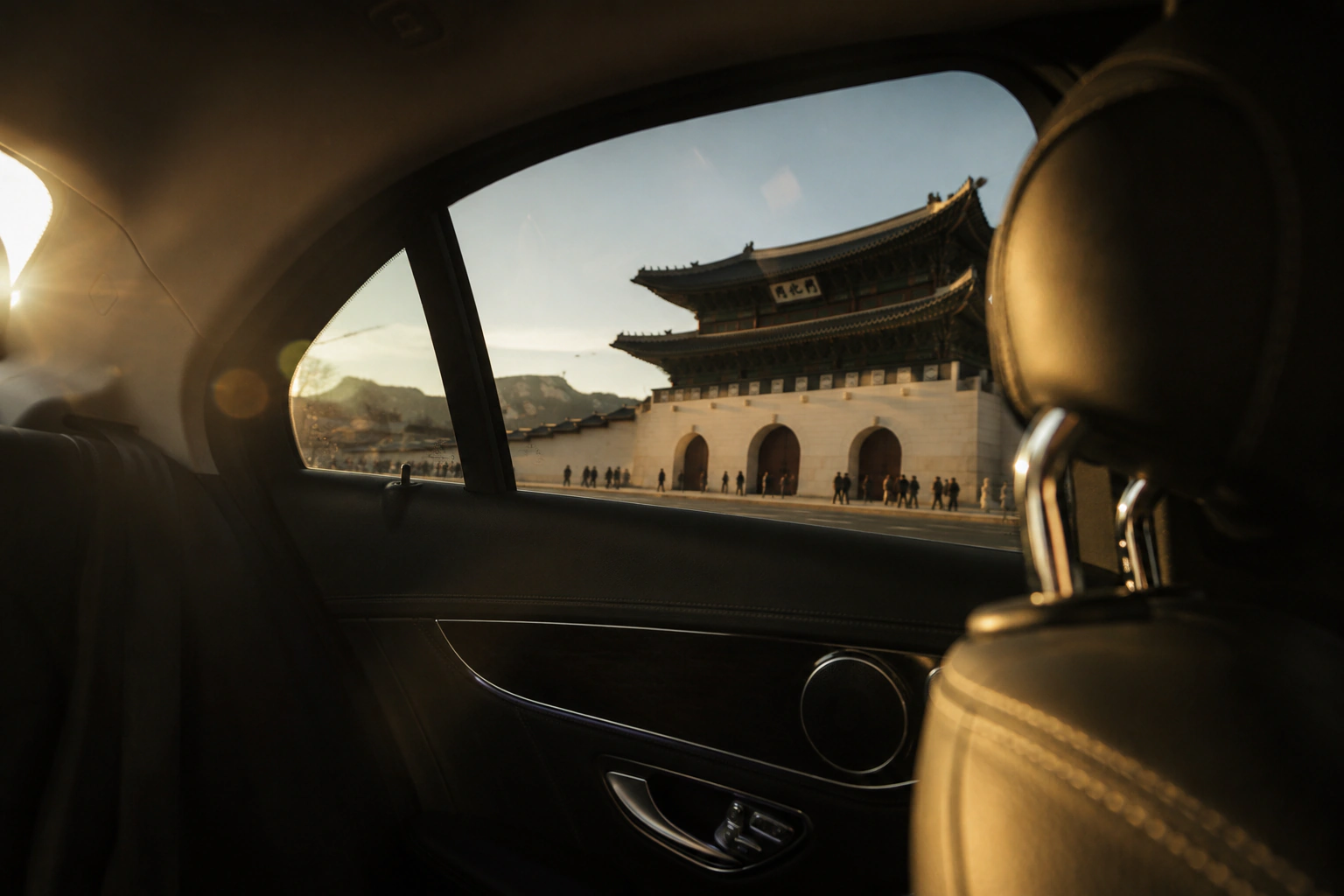 Gyeongbokgung Palace seen from your private car at golden hour